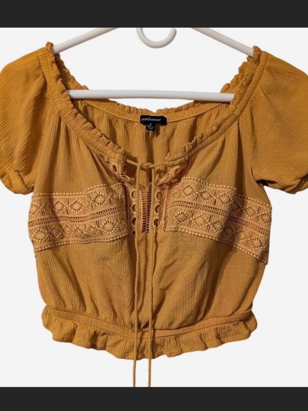 Ambiance Mustard Yellow Tassel Crochet Lace Crop Top, Size Small